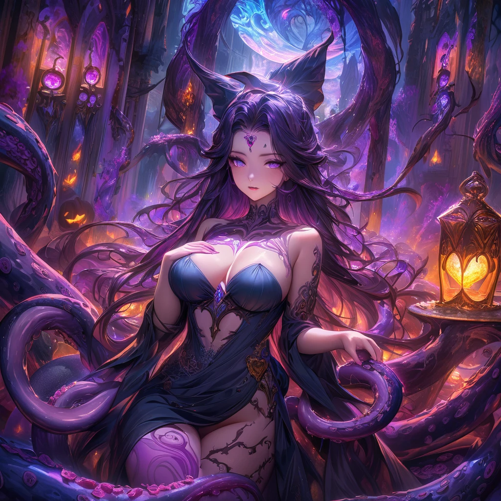 (best quality,highres),lovely witch, Malaysian, 30, tangled hair, busty, big butt, hourglass figure, extensive tattoos, mismatched eye colors, at a Halloween Spa, receiving a relaxation massage from eldritch tentacles, oil painting, ultra-detailed, vibrant colors, fantasy artwork, glowing ambiance, ethereal lighting, mystical atmosphere, dark fantasy aesthetic, hauntingly beautiful scenery, enchanting background, dreamlike setting, vivid and contrasting color palette, shadowy corners, soft and warm lighting, magical touches, alluring and seductive presence, eerie vibes, hypnotic tentacles, mesmerizing movements, surreal composition, witchcraft, mysterious and captivating portrayal, intricate details, brushstrokes capturing the essence, spellbinding atmosphere, magical aura, bewitching beauty, enchantment and relaxation entwined, a place where darkness and relaxation meet, an otherworldly experience, a moment frozen in time, capturing the witch's pleasure and tranquility, a mesmerizing masterpiece.
