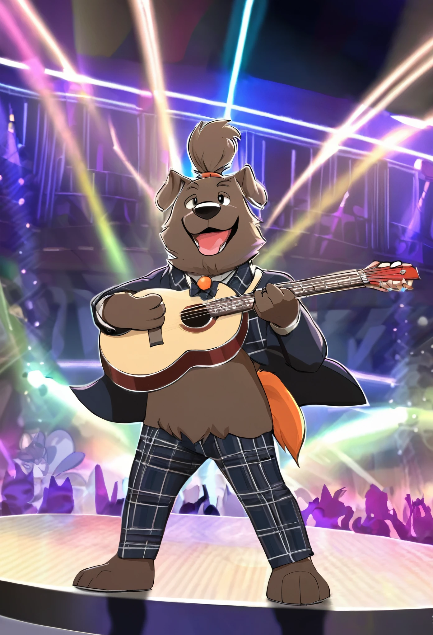 (Charismatic man with a top knot, On a lively stage, Captivate the crowds with an impressive light show)Vocalist Male Cartoon、Anthropomorphic Scottish Terrier Dog