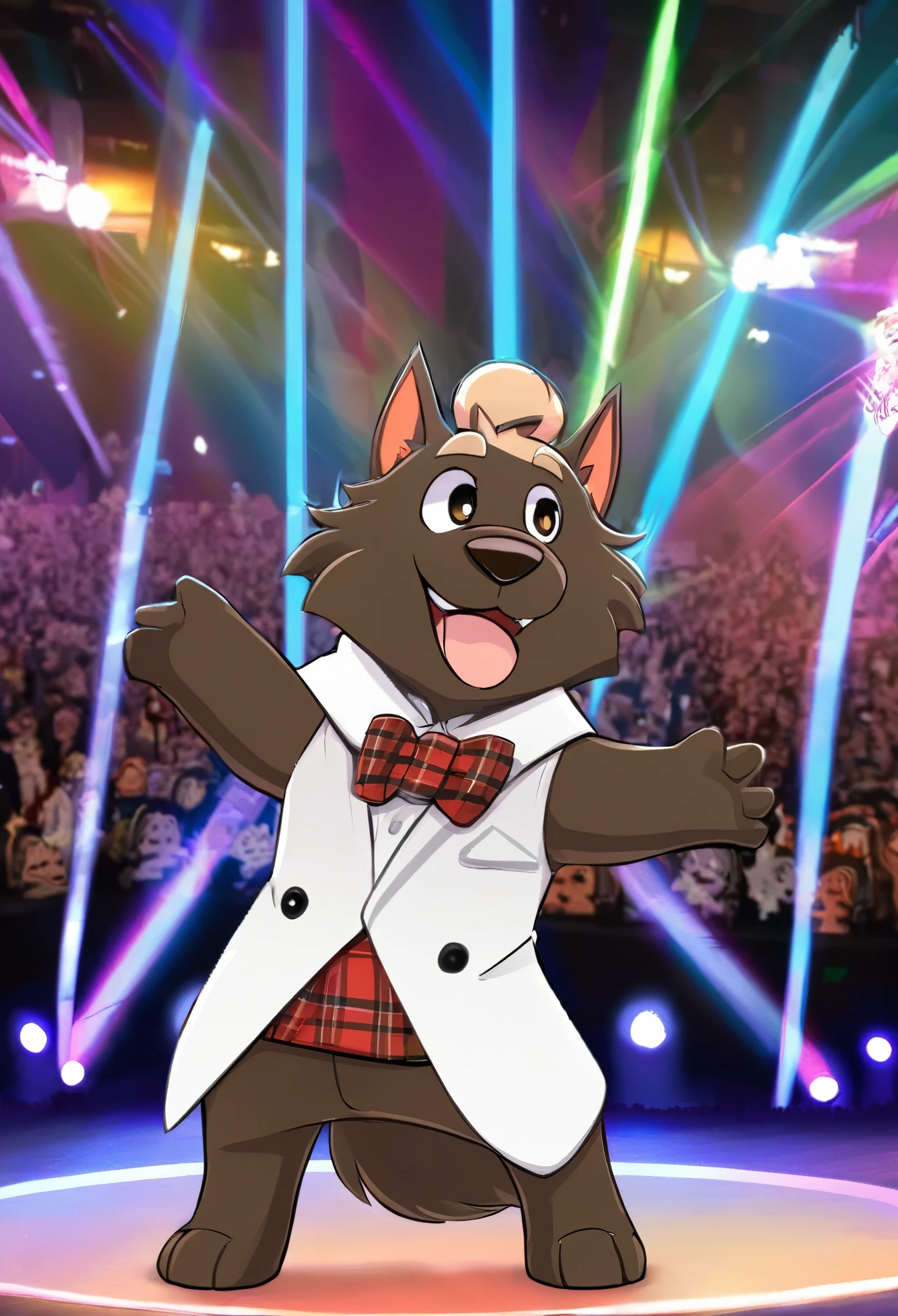 （Charismatic man with a top knot, On a lively stage, Captivate the crowds with an impressive light show）Vocalist Male Cartoon、Anthropomorphic Scottish Terrier Dog