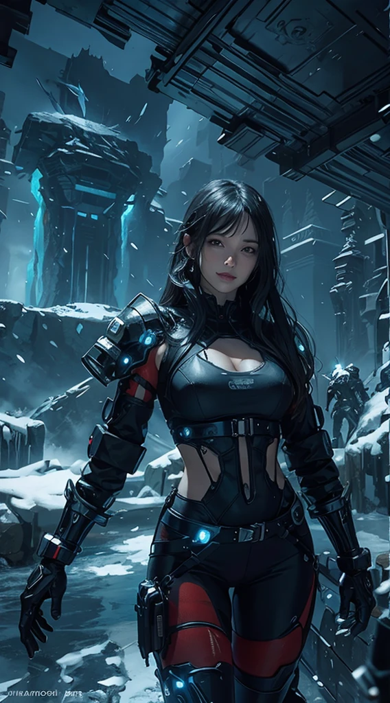 Cyberpunk, mechanical, broken, there is a picture of a very large iceberg, cyberpunk, mechanical, broken, with a lot of snow, dungeon background, icicle background, arena background, game background, dark dark cave background,a female warrior standing,((smile:1))