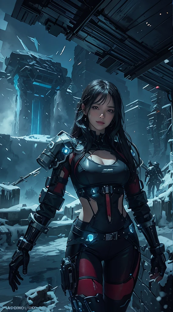 Cyberpunk, mechanical, broken, there is a picture of a very large iceberg, cyberpunk, mechanical, broken, with a lot of snow, dungeon background, icicle background, arena background, game background, dark dark cave background,a female warrior standing,((smile:1))