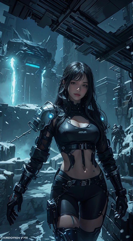 Cyberpunk, mechanical, broken, there is a picture of a very large iceberg, cyberpunk, mechanical, broken, with a lot of snow, dungeon background, icicle background, arena background, game background, dark dark cave background,a female warrior standing,((smile:1))