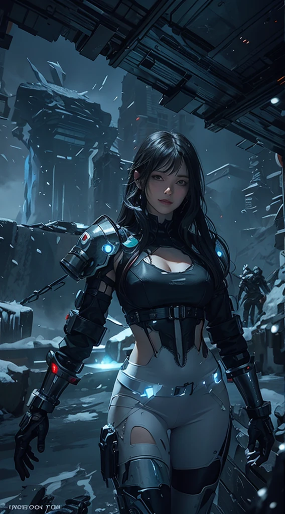 Cyberpunk, mechanical, broken, there is a picture of a very large iceberg, cyberpunk, mechanical, broken, with a lot of snow, dungeon background, icicle background, arena background, game background, dark dark cave background,a female warrior standing,((smile:1))