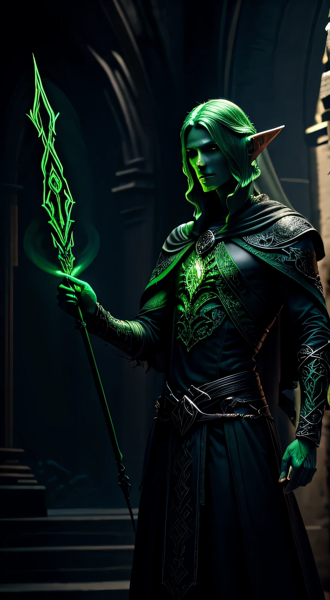  elf Necromancer, with his intricately green-lit features, stood proudly, staff in hand. Five elongated fingers of his left hand traced ancient incantation, green magic energy 