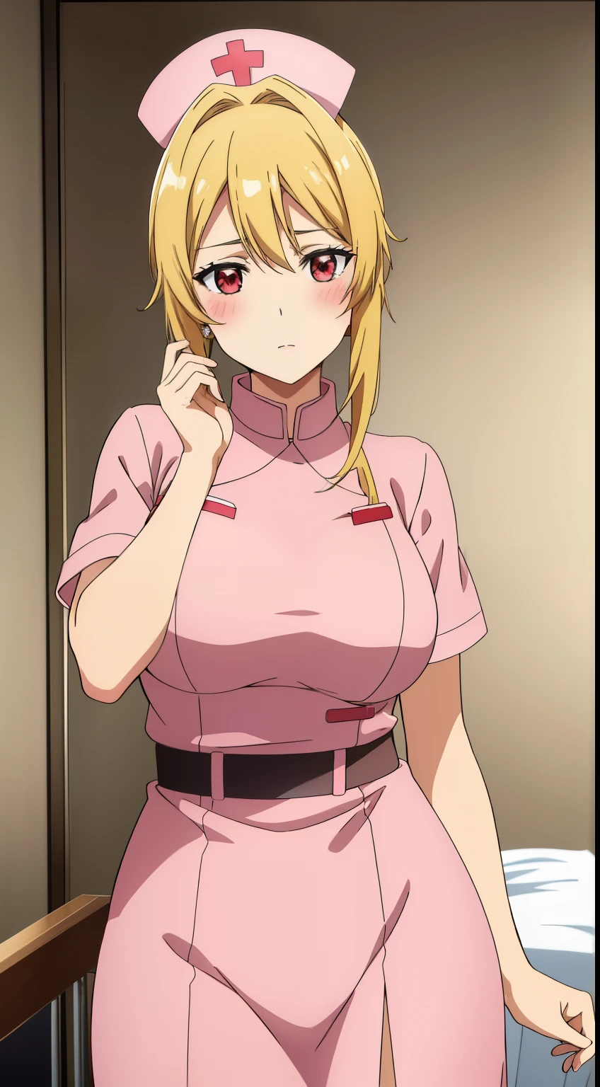 best quality, high resolution, 8K, anime art style, beautiful detailed eyes, extremely detailed face, soft expression, stylish pose, Angelica V4,1girl,solo,red eyes, (nurse uniform, hospital room, blush, cowboy shot), looking at the audience, in the center of the image, beautiful large medium-sized breasts, beautiful face, slim waist, appealing, soft lighting,