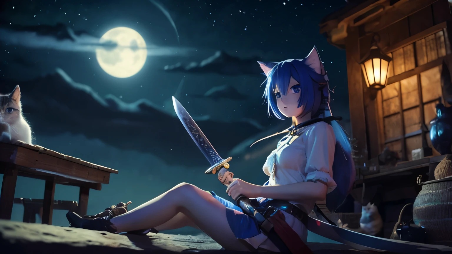 Cat, Night Sky and Sword