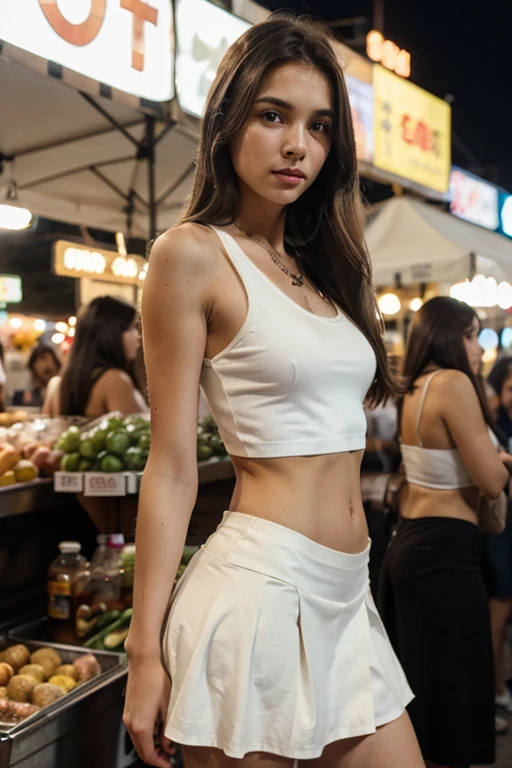 Realistic, 1 girl, long brown hair, slim body,slim face, white skirt, tank top, city street, night market, bokeh,