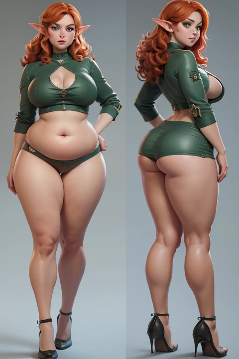 (Detailed), (masterpiece), (beautiful), (highres:4k), Female original character reference sheet adoptable, redhead, green eyes, curvy figure, fat , big belly, stomach pudge, moan, grewn clothing, curly hair elf, fatty lower body