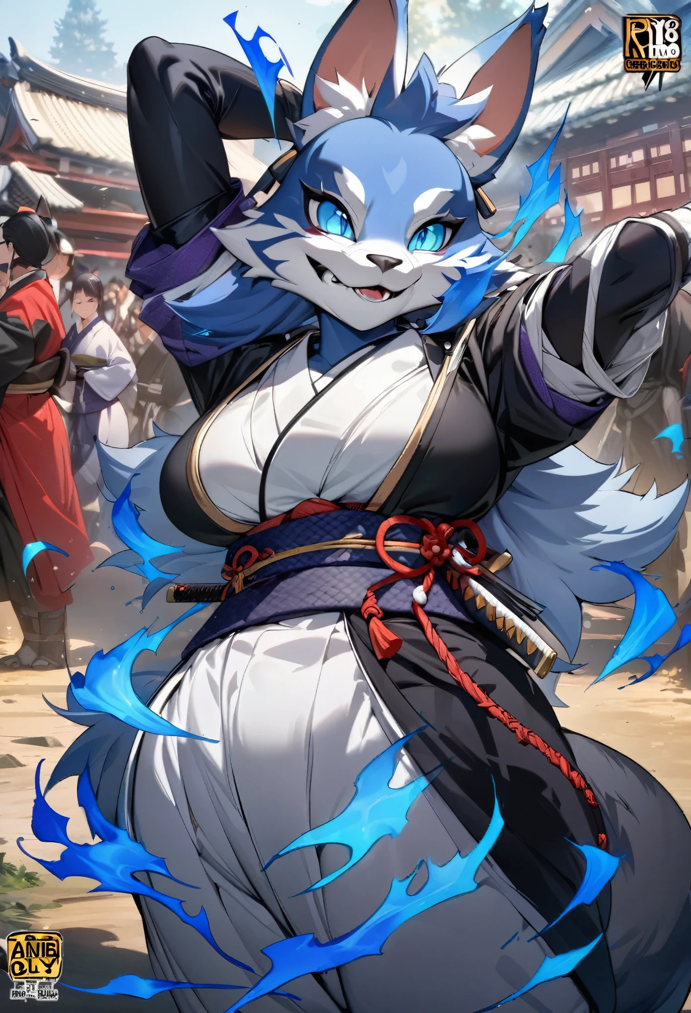 cover page, highres, top quality, best quality, paid reward available, unparalleled masterpiece, perfect artwork, absurdres, High-quality illustrations, super high resolution, detailed background, shuimobysim, perfect anatomy (furry, anthro, kemono, solo focus, Japanese kimono, ninja, samurai, sword with blue flames, battle duels),