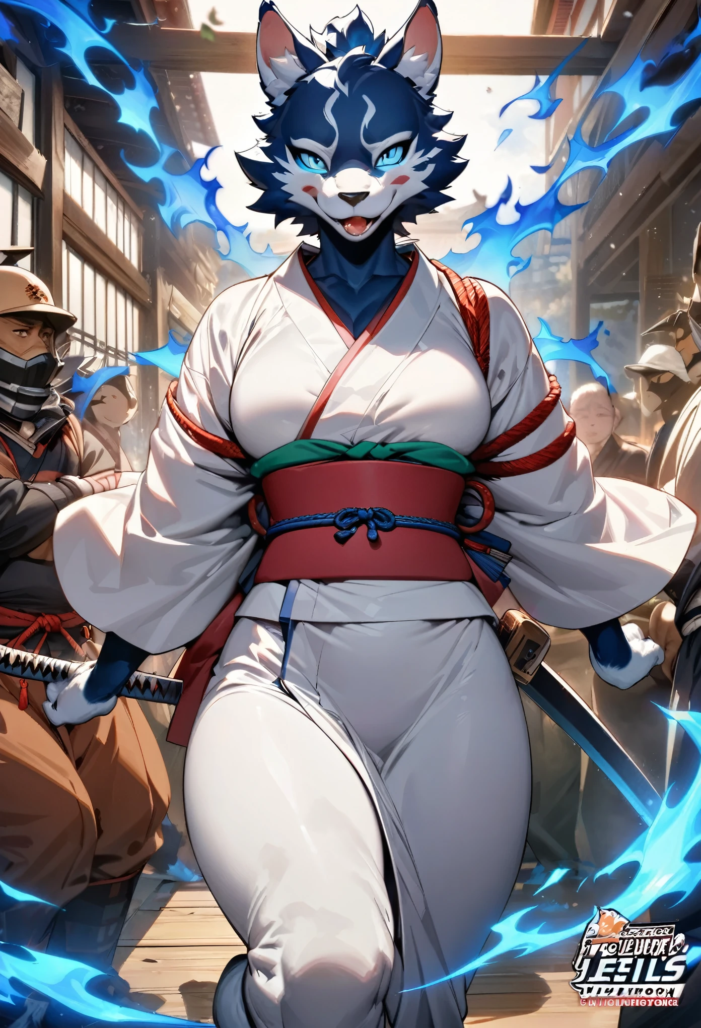 cover page, highres, top quality, best quality, paid reward available, unparalleled masterpiece, perfect artwork, absurdres, High-quality illustrations, super high resolution, detailed background, shuimobysim, perfect anatomy (furry, anthro, kemono, solo focus, Japanese kimono, ninja, samurai, sword with blue flames, battle duels),