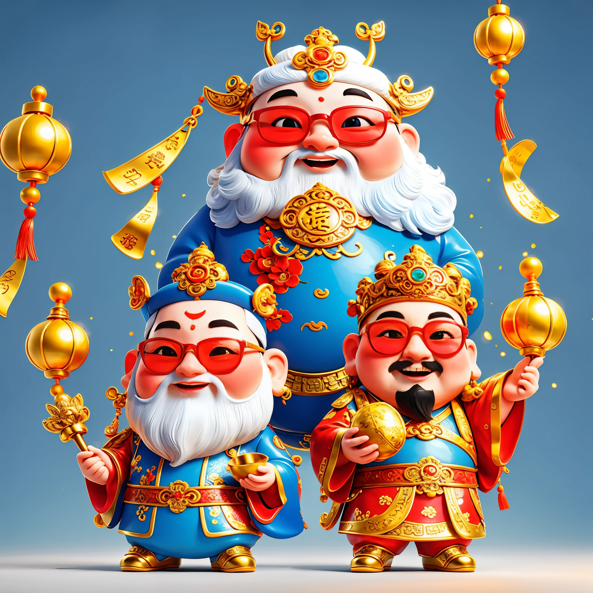 A lovely Chinese god of wealth，Wearing cool glasses，Pixar style，White background，whole body