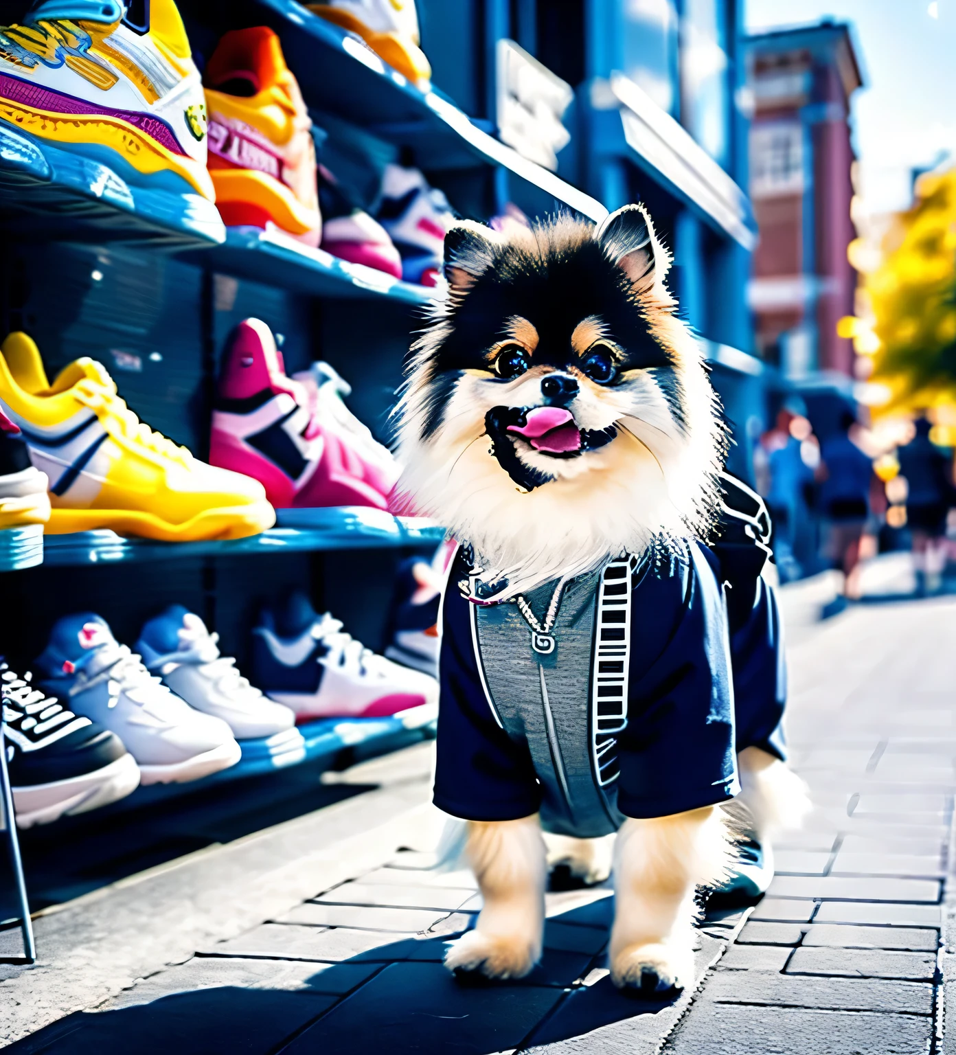 Real, a small dog, gray Pomeranian, sunny city street, A basketball shoe store, t-shirt, jean shorts, skateboarding shoes, backpack, black-rimmed glasses, highest quality, highest picture quality, sunny day, cityscape, (RAW photos:1. 2), (photorealistic:1.4), (masterpiece:1.3), (intricate details:1.2), A stylishly dressed Pomeranian was walking coolly along a city road, then he spotted a basketball shoe store, whose neatly arranged basketball shoes caught his eye