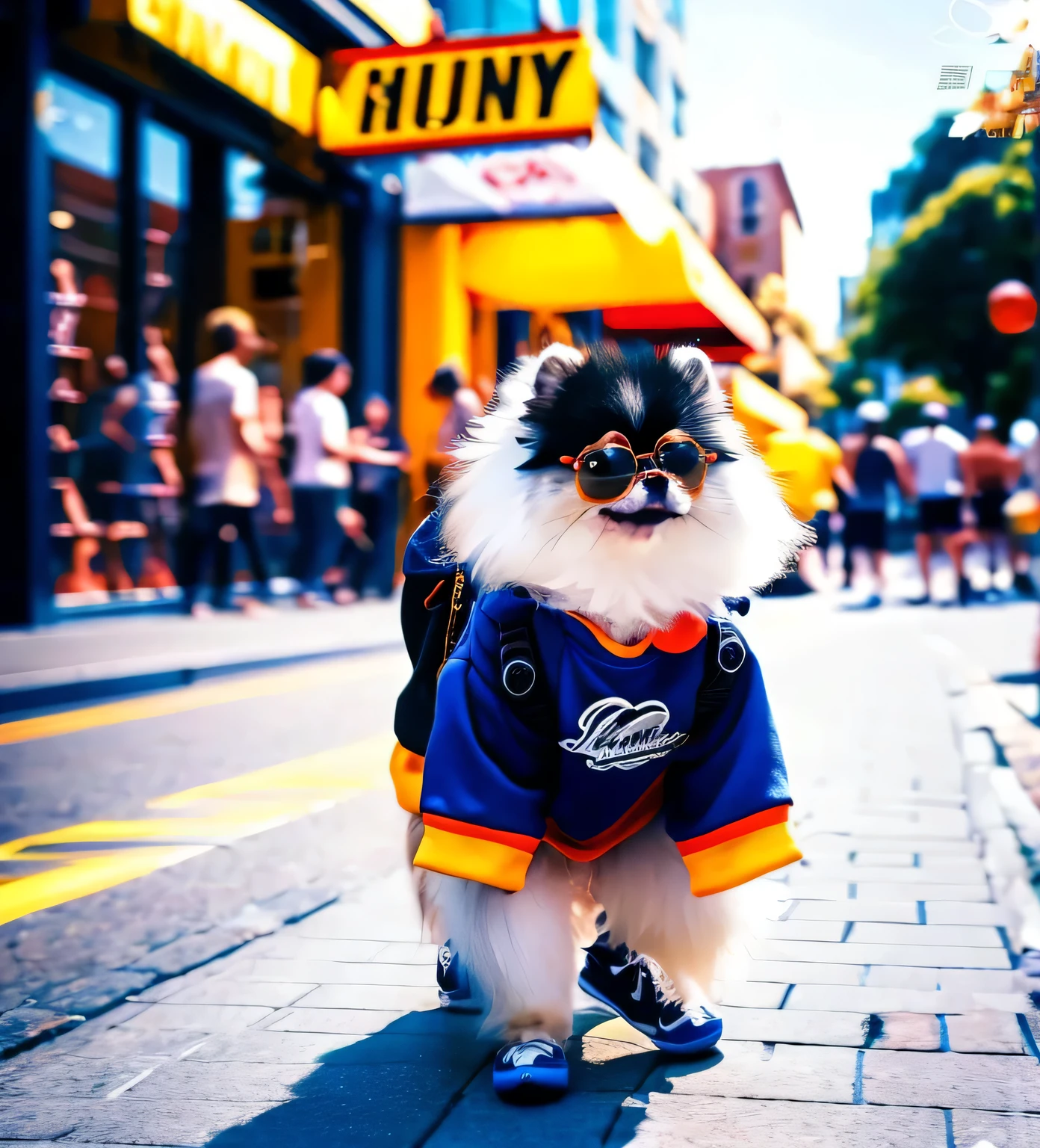 Real, a small dog, gray Pomeranian, sunny city street, A basketball shoe store, t-shirt, jean shorts, skateboarding shoes, backpack, black-rimmed glasses, highest quality, highest picture quality, sunny day, cityscape, (RAW photos:1. 2), (photorealistic:1.4), (masterpiece:1.3), (intricate details:1.2), A stylishly dressed Pomeranian was walking coolly along a city road, then he spotted a basketball shoe store, whose neatly arranged basketball shoes caught his eye