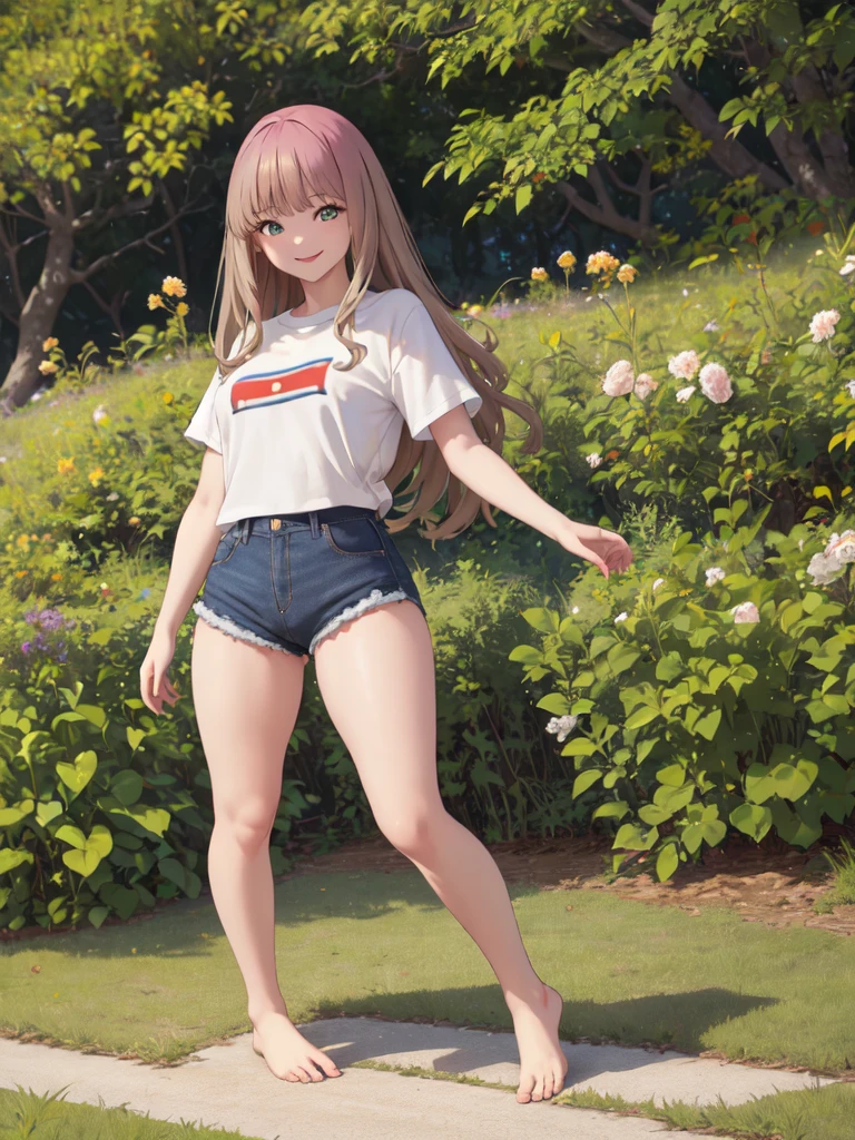 (best quality,highres,ultra-detailed), masterpiece:1.2, aayume, long hair, bangs, shirt、hot pants、outdoors, standing, smile, beautiful thighs, barefoot、full body