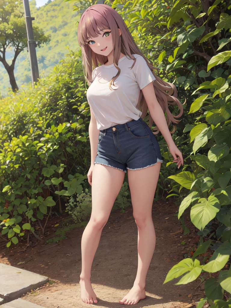 (best quality,highres,ultra-detailed), masterpiece:1.2, aayume, long hair, bangs, shirt、hot pants、outdoors, standing, smile, beautiful thighs, barefoot、full body