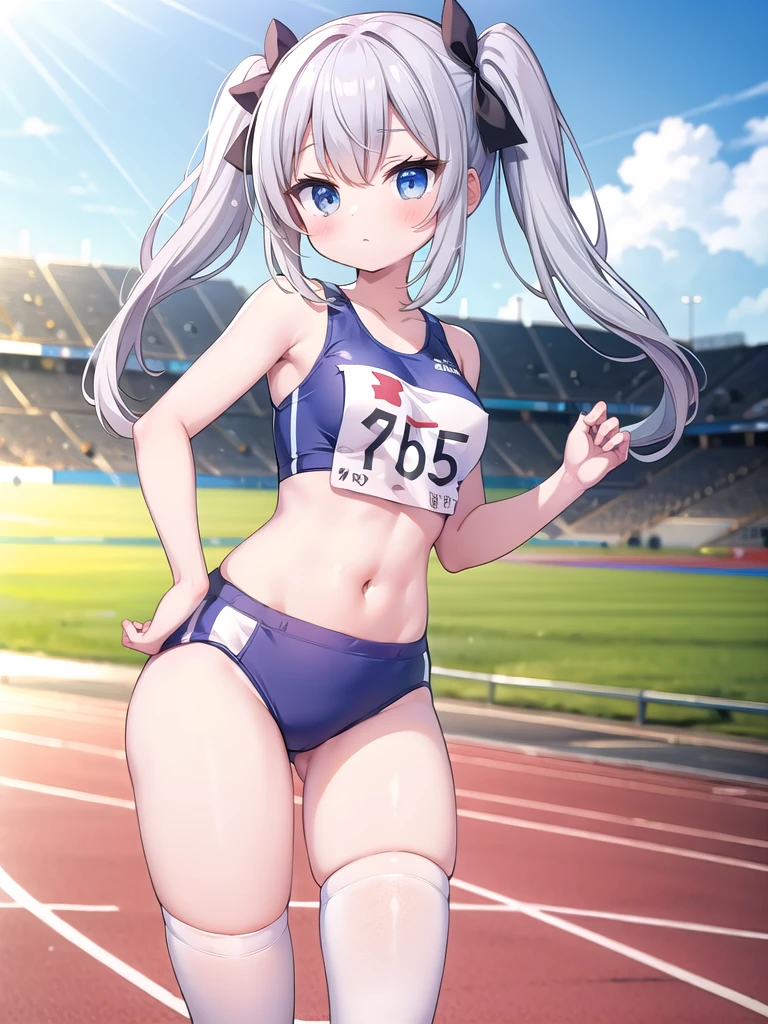1girl, solo, very long hair, white hair, white thighhighs, navel, bare arms, twintails, independent track and field uniform, track and field uniform