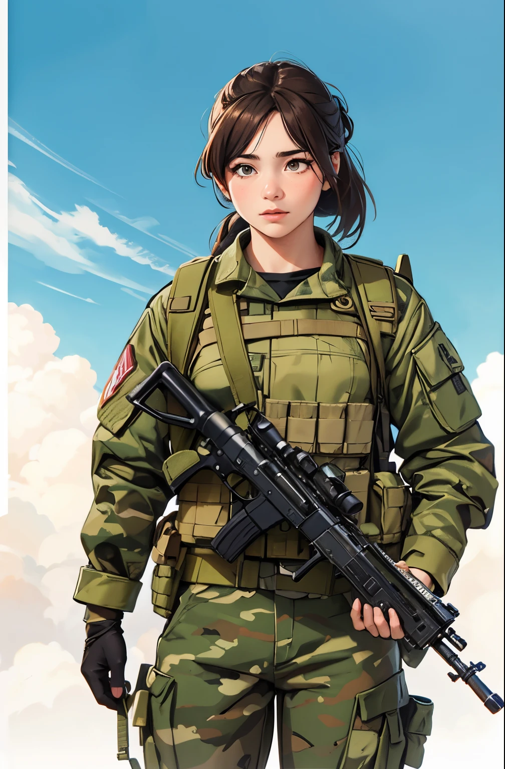 camo helmet, woman, holding a rifle, green eyes, brown hair, explosions around her, soldier camo clothing, looking stern, in the warzone, 4k, 8k, high quality, masterpiece, best quality, hd, extremely detailed