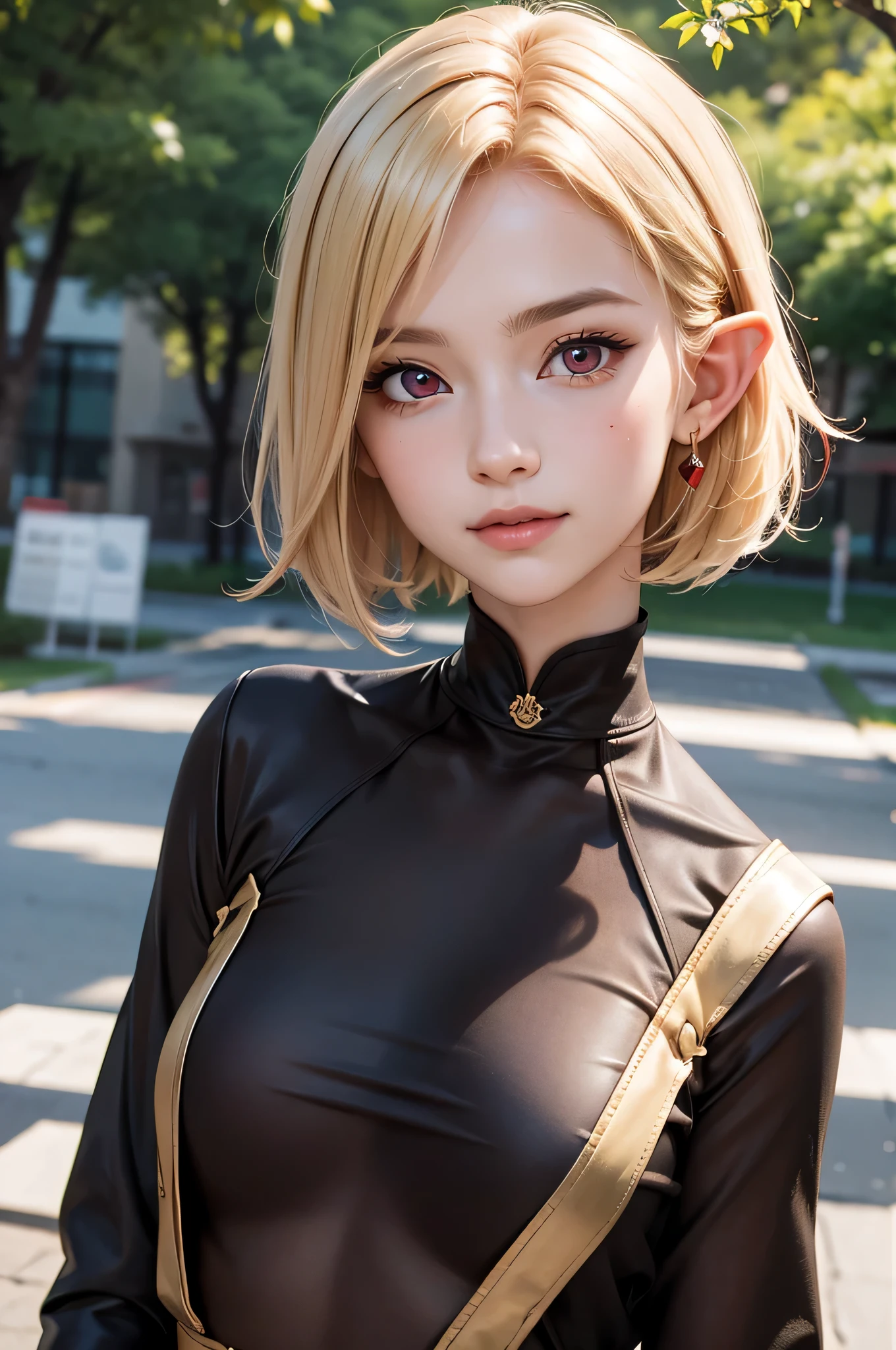 absurdres, (8k, RAW photo, best quality), masterpiece, hyper detailed, perfection, best quality, photo-realistic, (((1girl:1.2, blond girl))), (((solo:1.2))), elf, elf ears, (((shortcut hair))), (((burgundy hair ends))), (((scarlet red eyes))), (slanted red eyes, tsurime), blond eyebrows, (portrait:1.34), face shot, full-length:1.5, (((fashion model pose))), at schoolyard, daylight, amazing shadow, close-up, (evil smile), (((face close-up)))