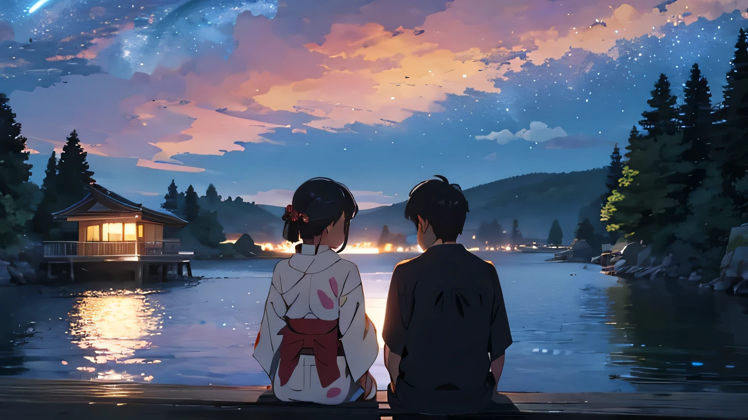summer night、A man and a woman in yukata are sitting on the river bank and looking up at the sky、The background is full of stars