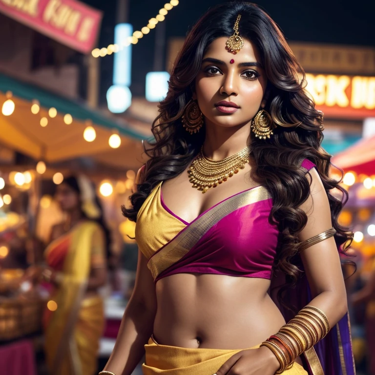 Sexy Indian woman, (Priyanka Chopra:Mindy Kaling:0.6), (Colorful saree: 1.1), exotic beauty, (Detailed facial features:1.2), glowing skin, almond-shaped eyes, (Long wavy hair:1.3), (Golden bangles:1.4), busy street market background, (Ultra-high definition, 4K wallpaper), rich colors, cinematic lighting, vibrant textures, Nikon D750, prime lens, blurred background, warm tones, evocative atmosphere, captivating portrait, soft focus.