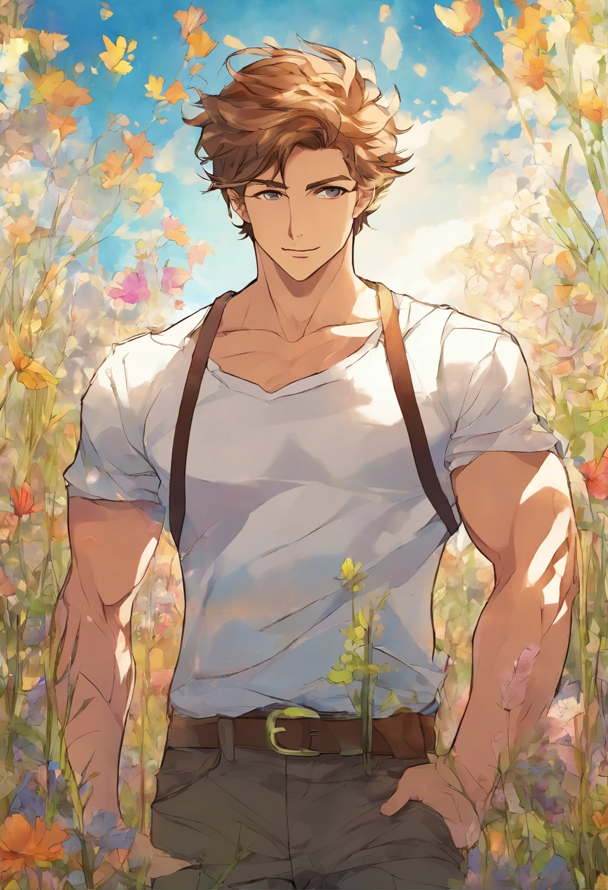 A handsome boy, 25 years old, brown spiky hair, light hazel brown eyes, masculine pose standing in a meadow, mysterious lighting, shirtless, wearing only a micro thong, muscular physique, looking into the camera, half body shot, head to thighs, 