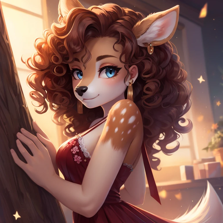 White fur, deer, curly hair, dress, high resolution, earrings,