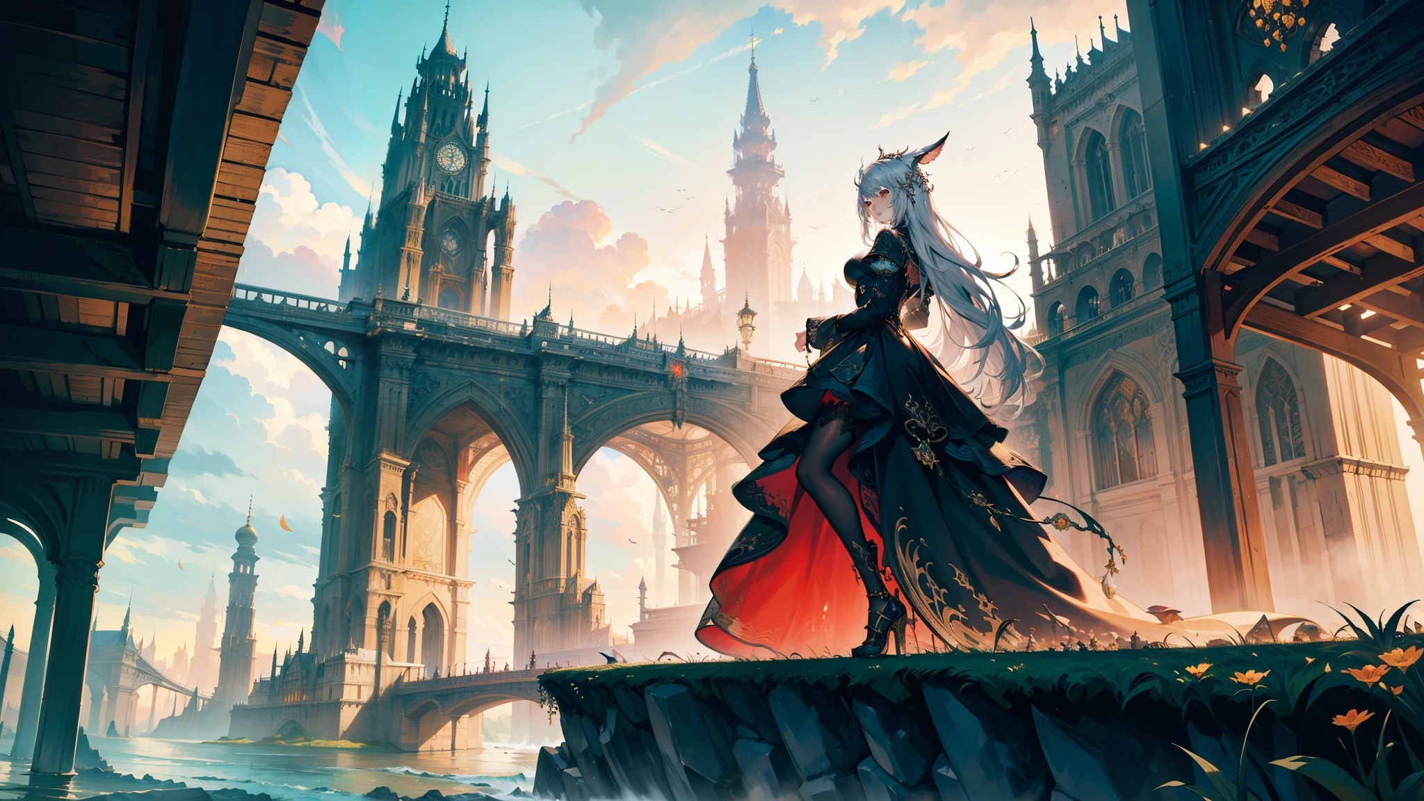 (masterpiece:1.2), extremely intricate details, ff14style, dynamic painting, depicting a bustling city with a majestic bridge spanning wide rivers, surrounded by towering giant mushrooms. The vast landscape bursts with vivid colors. A woman, red eyes, silver hair, mature, in her thirties, wavy hair