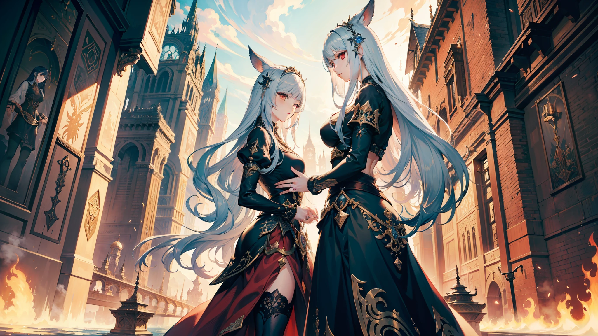 (masterpiece:1.2), extremely intricate details, ff14style, dynamic painting, depicting a bustling city with a majestic bridge spanning wide rivers, surrounded by towering giant mushrooms. The vast landscape bursts with vivid colors. A woman, red eyes, silver hair, mature, in her thirties, wavy hair