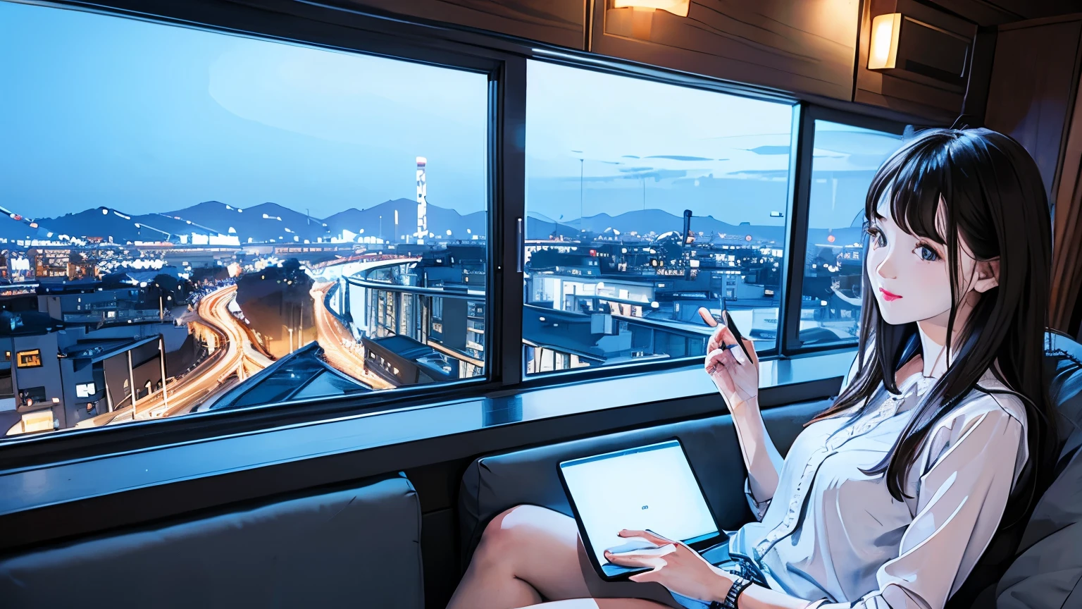 Beautiful girl studying on a laptop on the sofa、Beautiful night view outside the window