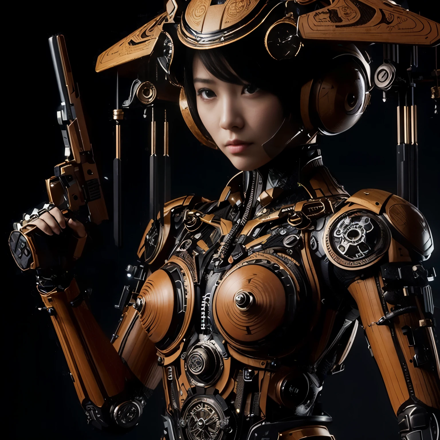 (masterpiece, best quality:1.2), (8k uhd, 16k, 32k, ultra high res), (photorealistic:1.37), (RAW photo), ultimate-realistic, ultimate-realistic details, ultimate-realistic texture, ultimate-intricate details, ultimate-realistic lighting, ultimate-realistic shadow, Japanese woman in bat & ant-shaped power suit, brown accents, hydraulic cylinders, power cables, apogee motors, thrusters, vernier, metal textures, base in forest, hover movement, ultimately complex details, lighting to highlight machinery, photorealistic