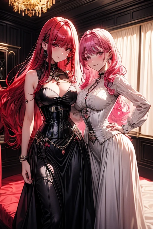 A pink haired woman with violet eyes and an hourglass figure is posing in a sexy corset dress is posing with a red haired woman with red eyes with an hourglass figure in a bedroom
