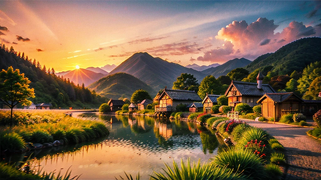 Landscape painting、Japanese village scenery、Photo Style、evening、Cute girl、dusk、sunset、