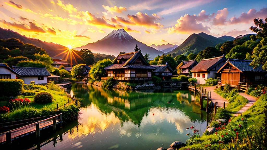 Landscape painting、Japanese village scenery、Photo Style、evening、Cute girl、dusk、sunset、