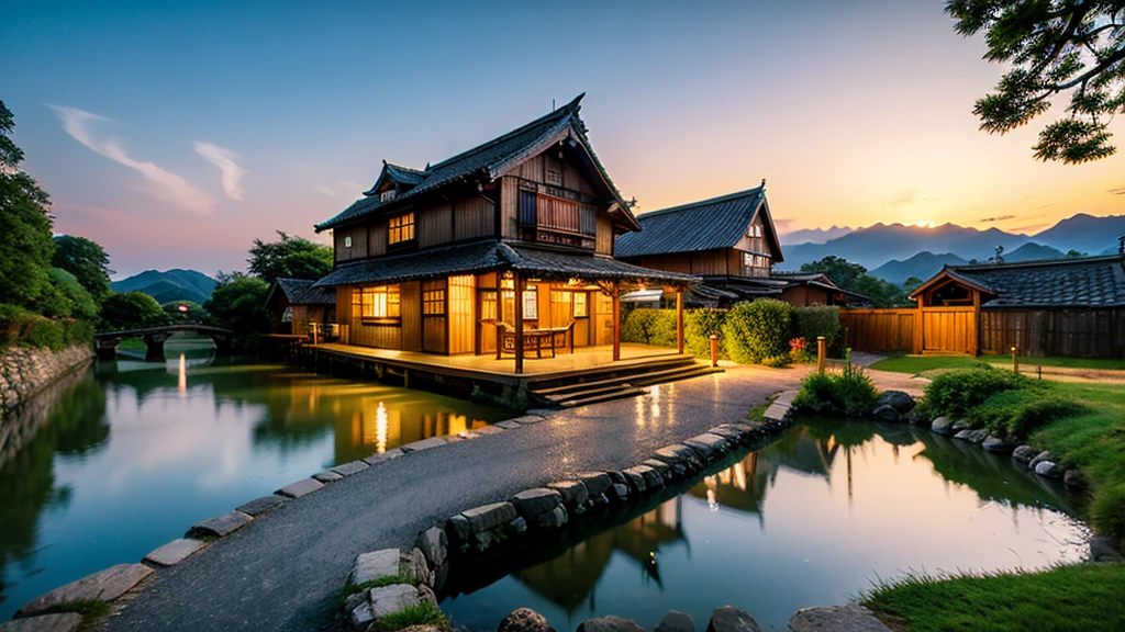 Landscape painting、Japanese village scenery、Photo Style、evening、Cute girl、dusk、sunset、