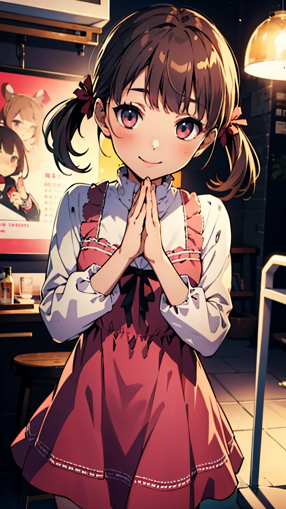 、nanako doujima,Short Twin Tails,One Girl, Dynamic Angle, cute,smile,,Pink Dress,masterpiece,Noise Reduction,Perfect Anatomy,High resolution, Super detailed,Game CG,Dutch Angle ,Beautiful detailed eyes,Visual Arts,Five fingers, Perfect hands, Perfect lighting,