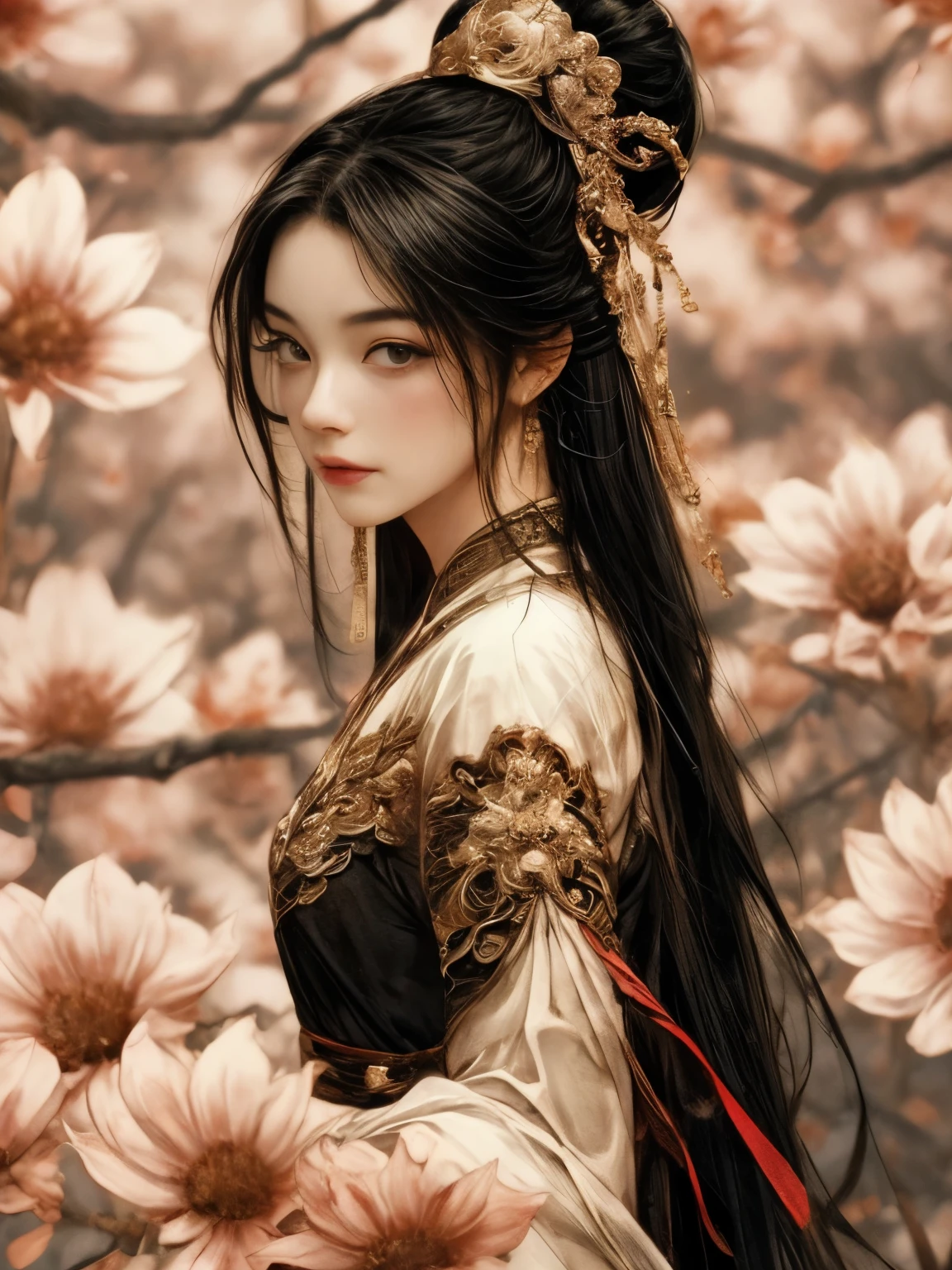 (8k, highest quality, masterpiece),(Realistic, RAW Photos, Super Fine Clear), Realistic Light, Detailed skin, (1 beautiful lady with a slim body, Age 25, armed court knight:1.5), Thin legs, fine grain, Long white hair, Detailed fingers, thin, Sexual, Expressions of Ecstasy, (huge bouncing firm bust:1.4), (Crimson color dress:1.2),The chest of dress is widely open, Exposing the breasts, (peach, peach garden, Flower Storm), Lakeside palace