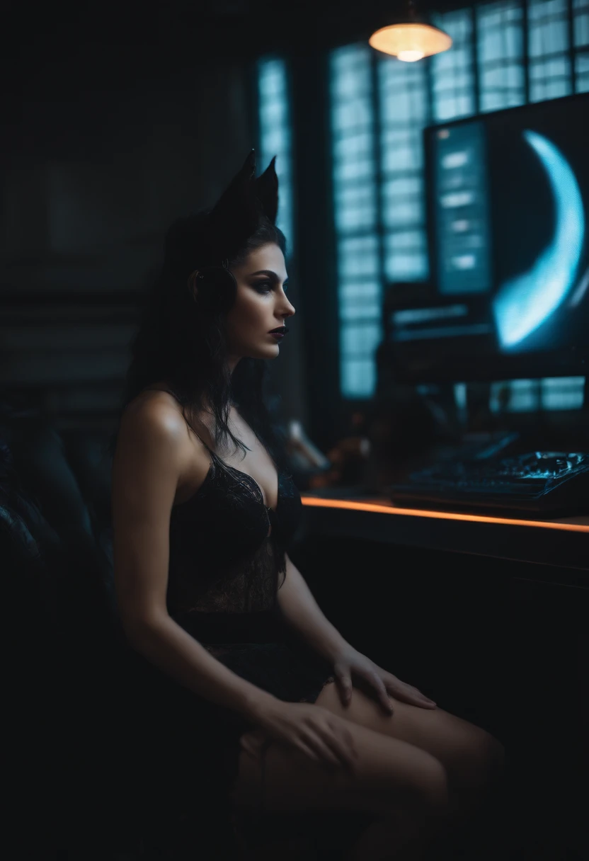 Female, anthro, hybrid, pale, black wolf ears, wolf tail, goth, dark, room, computer, holographic, neon, screens, lights, nsfw, short skirt, c cup breasts