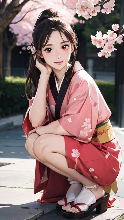 (best quality, 8k, masterpiece: 1.3), single ponytail, (beautiful face:1.3), Cherry blossoms are in full bloom, full of cherry blossoms, Floating cherry petals, Gorgeous, authentic kimono , full body , straight down hair , golden eyes , smile 