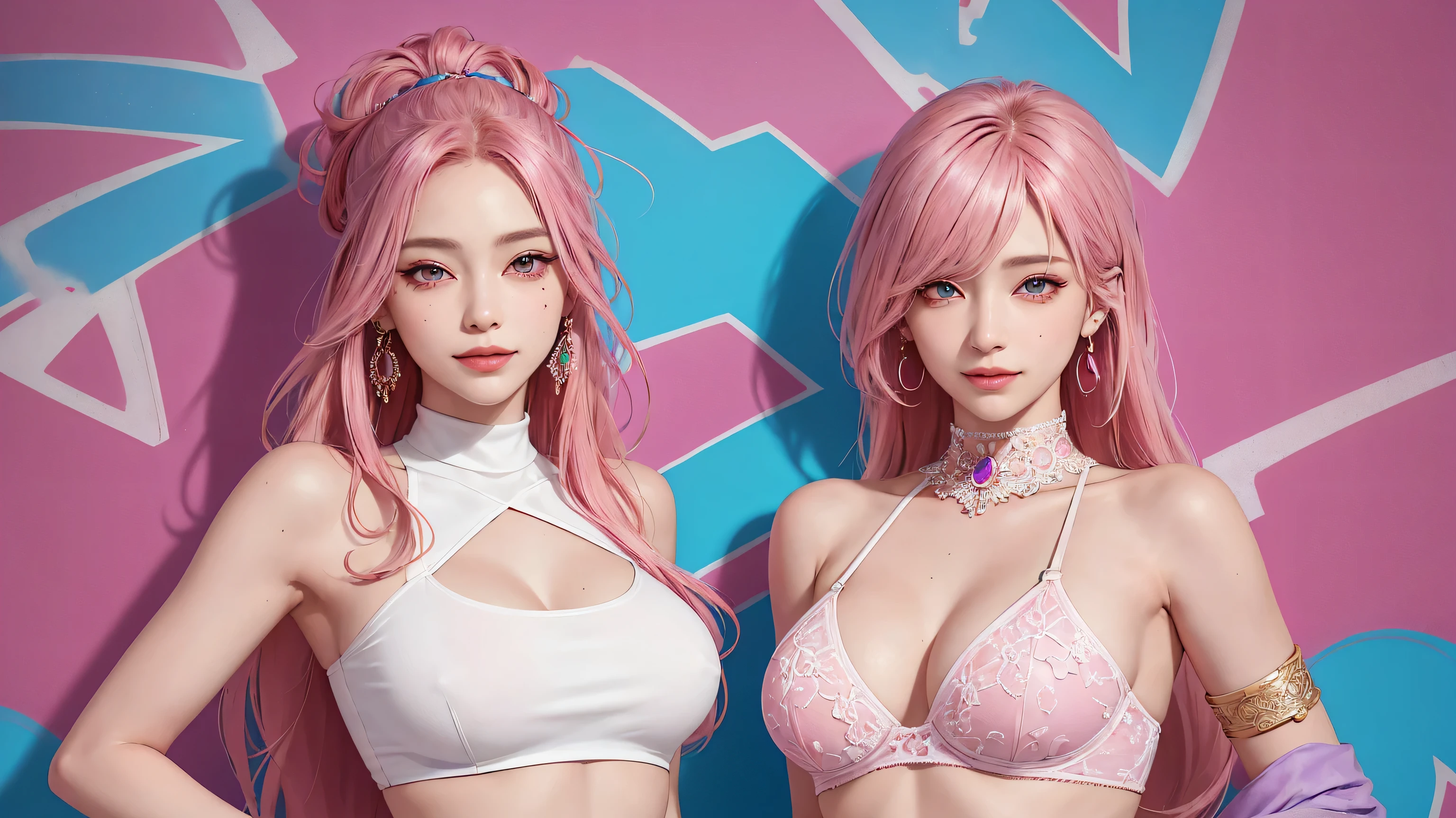(masterpiece, best quality, 1girl, solo, intricate details, chromatic aberration), realistic, ((medium breath)),long hair, pink hair, red head ornament, pink highlights, hair over one eye,purple eyes, earrings, sharp eyes, choker, neon shirt, She wears a collar, bangles, and a kimono-style garter belt., crop top, (symmetry eyes),(perfect symmetrical body),against wall, brick wall, (colorful graffiti words on wall:1.2), dim lighting, alley ,look at viewer、dig breasts、smile、(No sleeve、Navel exposed、fitted turtleneck)、hot pants string street、thin butt、Please generate above the eaves.、thin shoulders、In underwear、