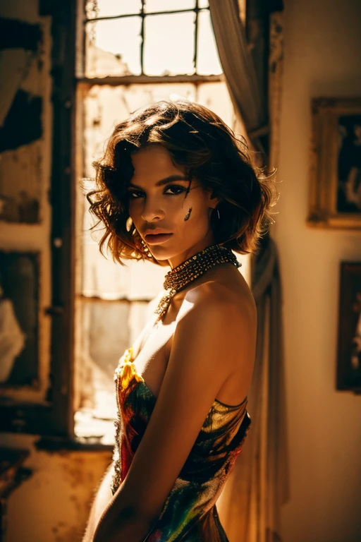 Leica photo portrait of a beautiful and mysterious african black short hair extra blond model with a short dress inspired by Jackson Pollock, creates the most incredible dress possible. in a setting worthy of the greatest dream in wonderful ruin and colorful paintings, astonishing lighting ambiance, the woman is standing with an intense look, beautiful haircut, lots of 12k contrast, many details Originals, epic, fashion, haute couture, art, light skin , detailed orignal posed watching camera , Coco Chanel 85mm portrait , golden light