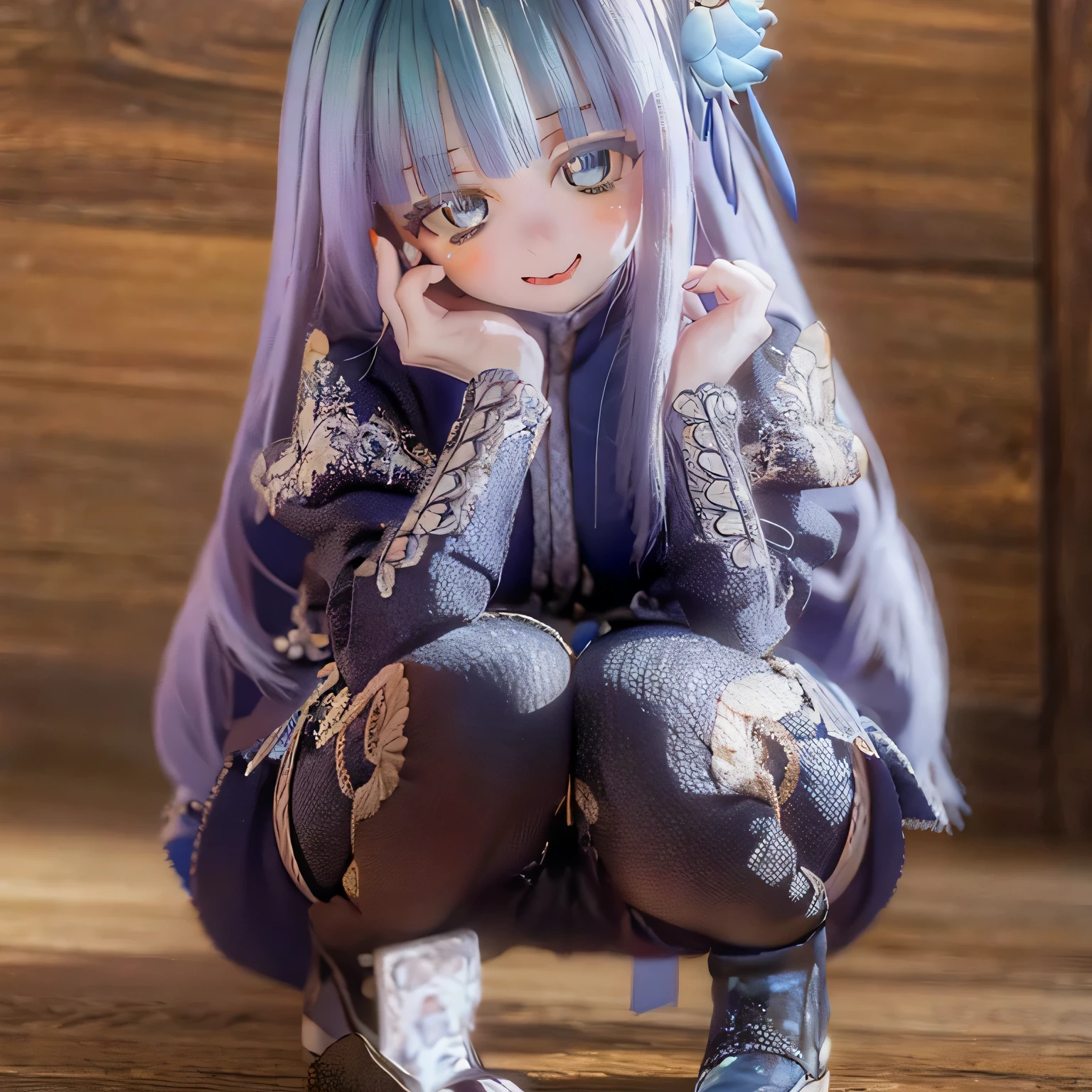 (highest quality,4K,8k,High resolution,masterpiece:1.2),Very detailed,(Realistic,photoRealistic,photo-Realistic:1.37),Portraiture,Mabel,Imaginative,Beautiful details,beautiful lip detail,Very detailed目と顔,Long eyelashes,Blue Hair,Sharp Mouth,another world,Uncle,Eating whole body smile zoom face squatting