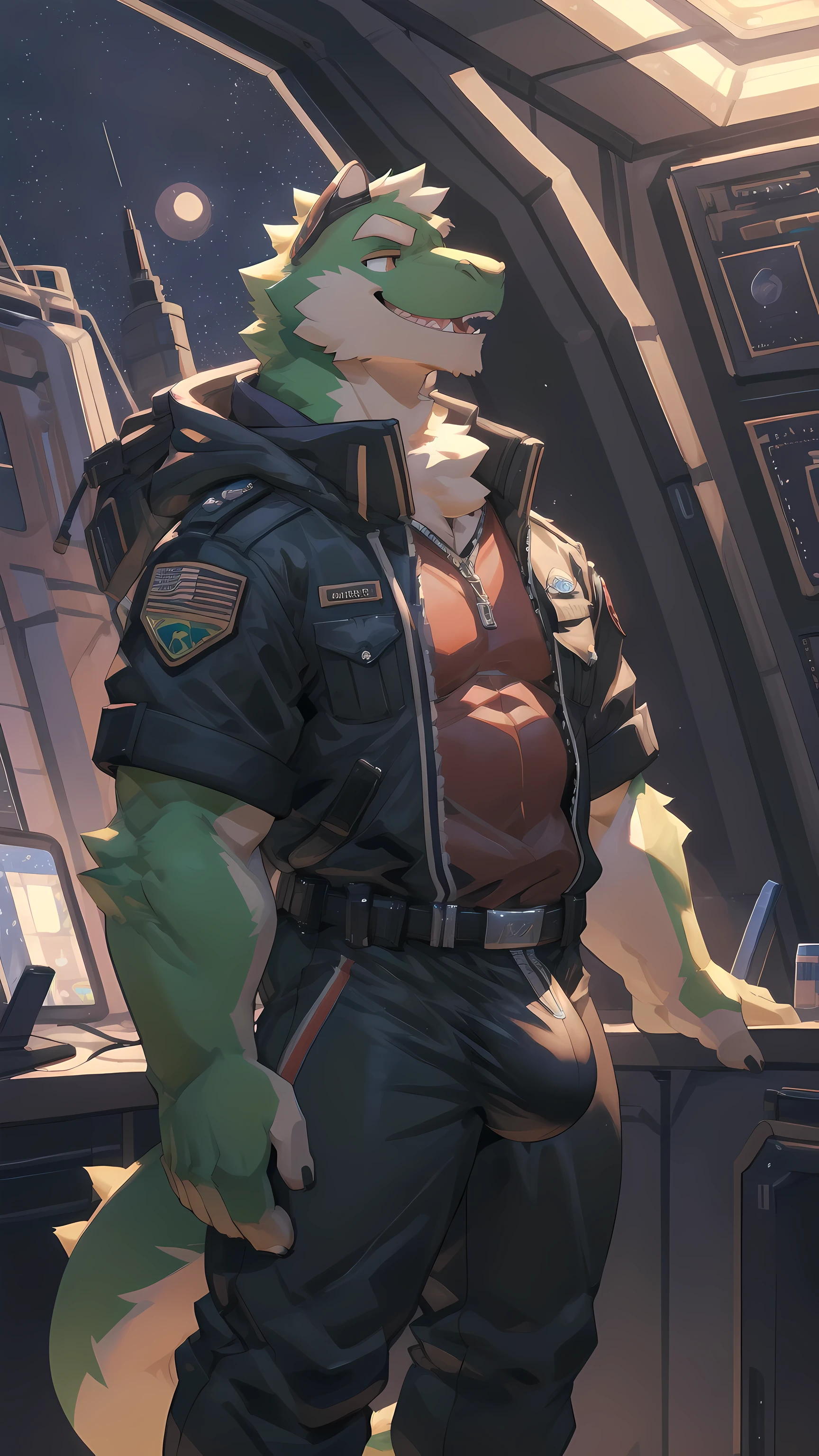 Solo, male, standing, by bigcozyorca, by goonie-san, by bebebebebe, by spikedmauler, facing viewer, green, green fur, tyrannosaurus, bushy tail, buff, spacesuit, space observation deck background, open mouth, detailed mouth, closed mouth grin, drooling, smirking, eductive smile, lustful grin, bulge, bulging, hard bulge, adjusting hard bulge, adjusting bulge, adjusting crotch, cock with knot on it, cum, cumming, big dig cock, Wearing collar, callor on neck, unzipping pants to show off cock, penis, teasing cock