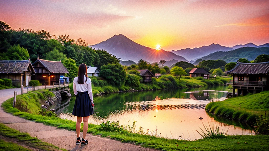 Landscape painting、Japanese village scenery、Photo Style、evening、A cute girl stands、dusk、sunset、