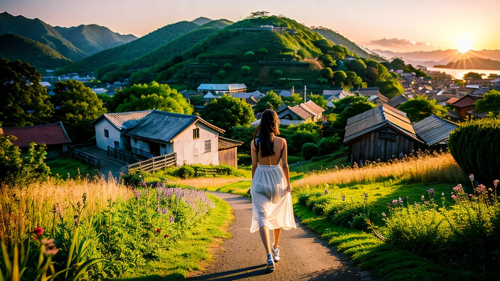 Landscape painting、Japanese village scenery、Photo Style、evening、A cute girl stands、dusk、sunset、