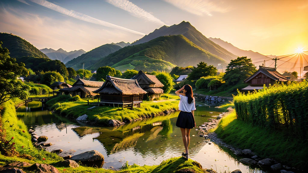 Landscape painting、Japanese village scenery、Photo Style、evening、A cute girl stands、dusk、sunset、