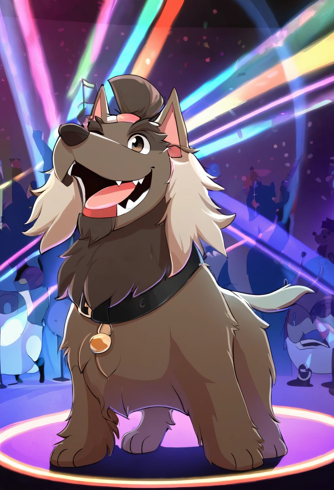 (Charismatic man with a top knot, On a lively stage, Captivate the crowds with an impressive light show)Vocalist Male Cartoon、Anthropomorphic Scottish Terrier Dog