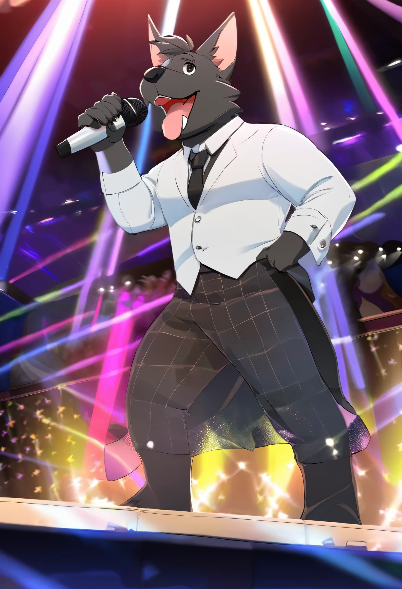 （Charismatic man with a top knot, On a lively stage, Captivate the crowds with an impressive light show）Vocalist Male Cartoon、Anthropomorphic Scottish Terrier Dog