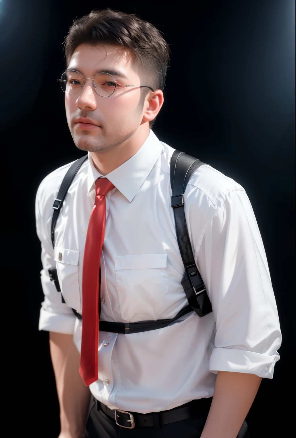 A man wearing a red tie, a bulletproof vest, and a police badge. glossy texture, smooth 3d model, multiple light sources, rim light, sharp post effects render, (glossy plastic texture with multiple big light probe refractions), perfect cgi, smooth silhouette, high intensity refraction, (super glossy material), most beautiful vfx, blue background, plastic refractions, realistic, 4k, high resolution, rim light, photo shoot, commercial photo, profile shot, 4k, rim light, high resolution, 4k, glossy texture, smooth 3d model, multiple light sources, rim light, sharp post effects render, (glossy metallic texture with multiple big light probe refractions), perfect cgi, cgi art created only with gradients, smooth silhouette, high intensity refraction, (super glossy chrome material), most beautiful vfx, blue background, chrome metal refractions, multiple light sources, rim light, sharp post effects render, perfect cgi, digital art, detailed digital art, reflective, best quality, 4k, masterpiece:1.2, ultra-detailed, realistic, vivid colors, dark and moody lighting, The image of the highest quality, ensuring every detail showcased perfectly. It in 4k resolution, allowing viewers to immerse themselves in the richness of the colors and intricate details. The realistic rendering. under the spotlight, reflecting, high-resolution image, realistic rendering, dark background, and rim light photorealistic