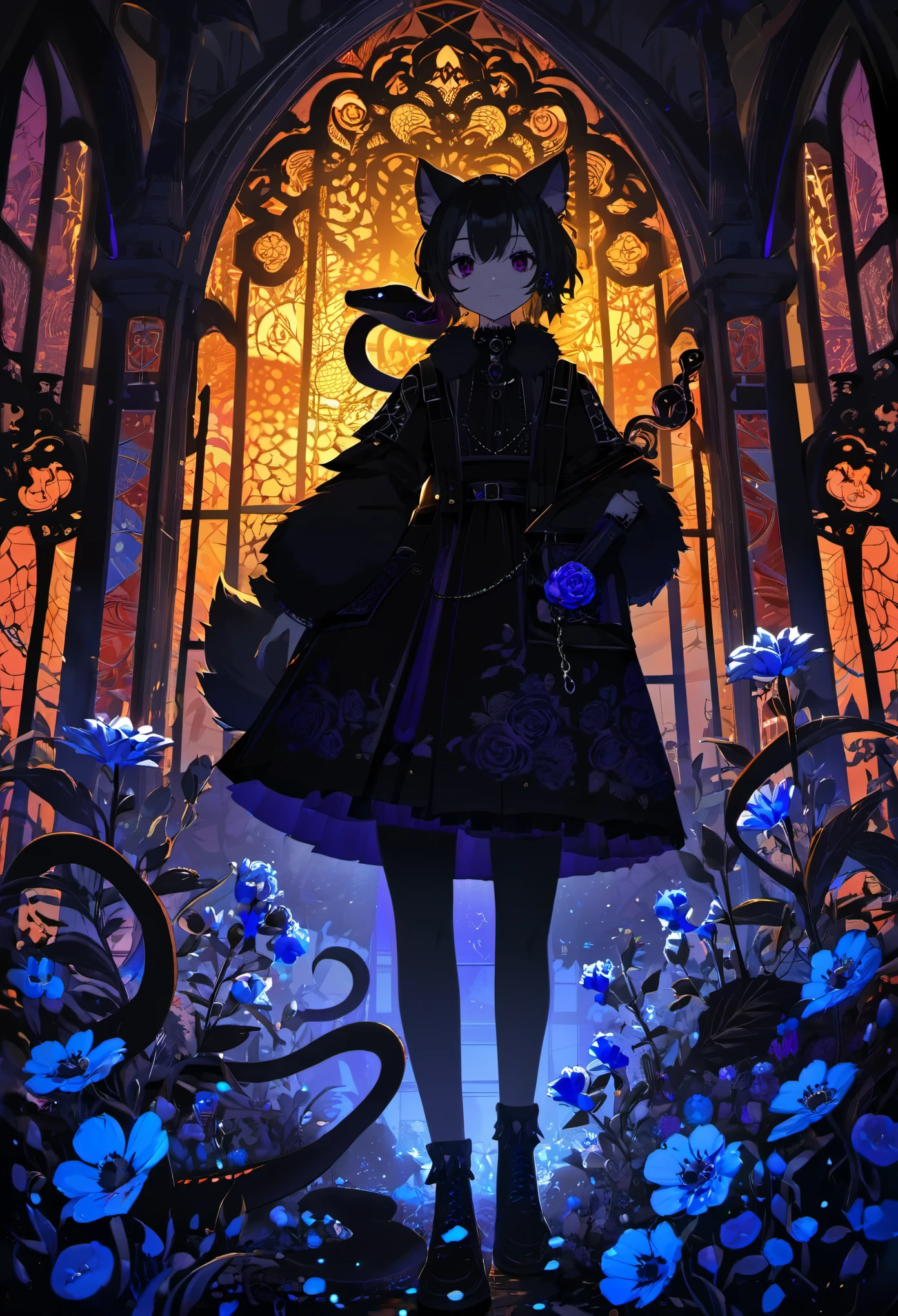 (best quality, high resolution, ultra-detailed)silhouett(kemono, furry anthro)holding striking pocket watch, surrounded by flowers, snakes and darkness, illustrative rendering, intricate details, mysterious atmosphere, vibrant colors, dynamic lighting , Gothic style,