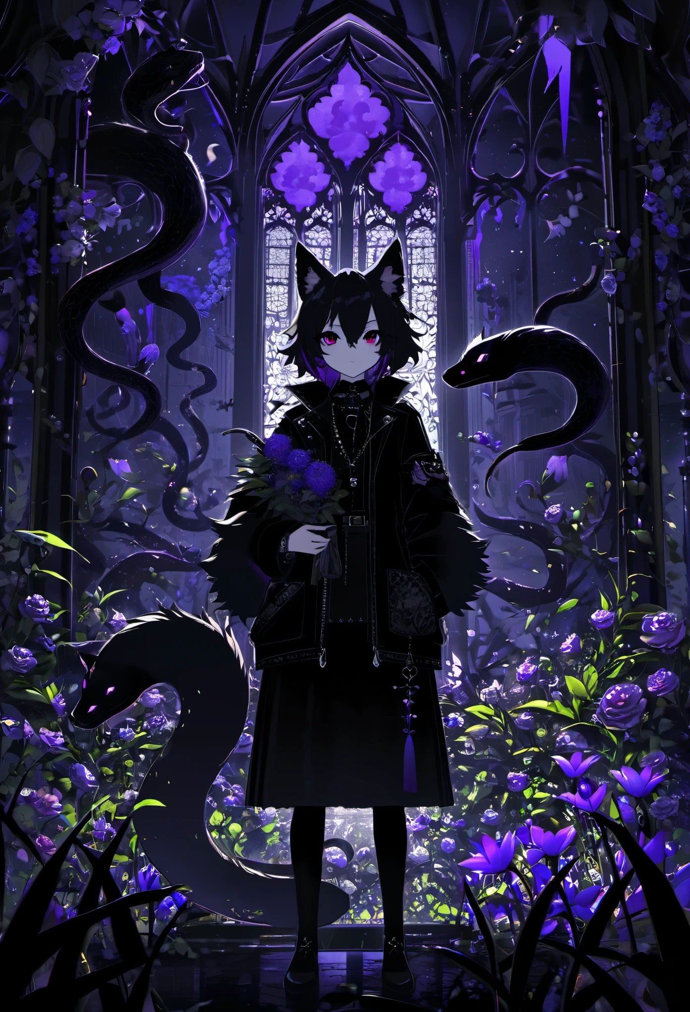 (best quality, high resolution, ultra-detailed)silhouett(kemono, furry anthro)holding striking pocket watch, surrounded by flowers, snakes and darkness, illustrative rendering, intricate details, mysterious atmosphere, vibrant colors, dynamic lighting , Gothic style,